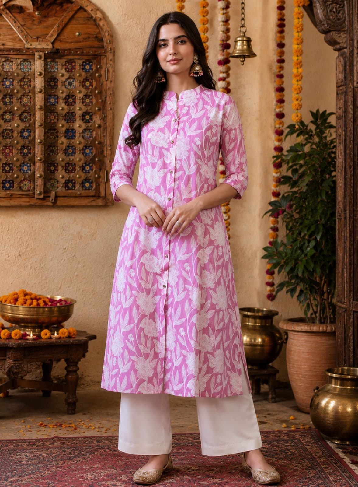 Model wearing a pink floral printed kurti with white palazzo pants